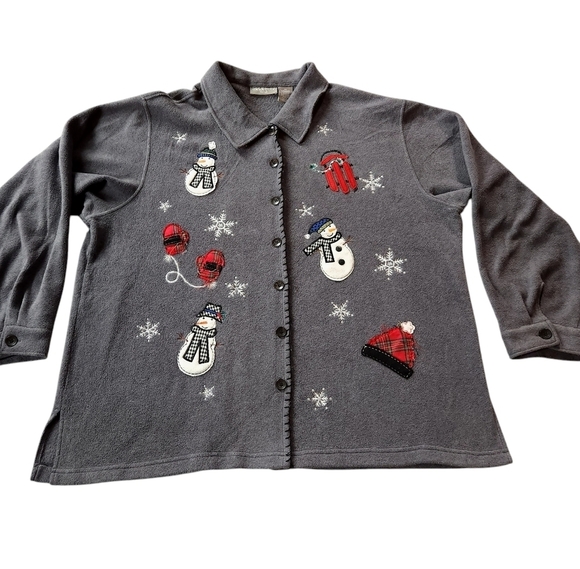 Capacity sz 2X Snowman Holiday Button Up Fleece Sweater Grey w/ Appliqués - Picture 1 of 5